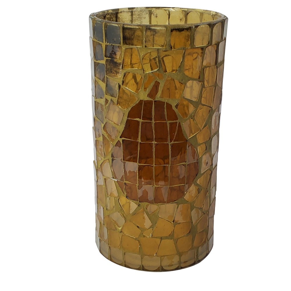 Amber Gold Mosaic Glass Cylinder Vase Heart Motif Decorative Candle Holder 7.5in